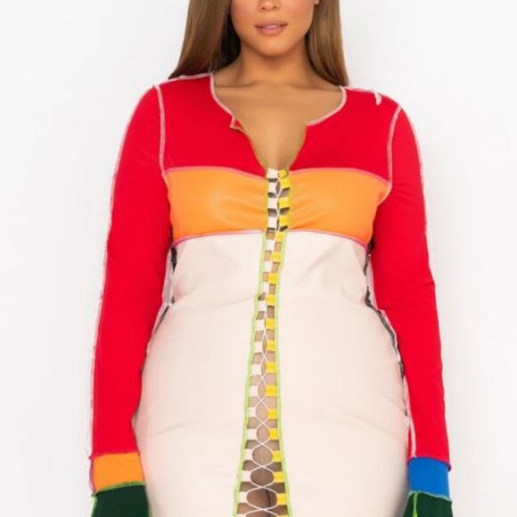 PLUS FAUX LEATHER PATCHWORK MINI DRESS (  BRAND NEW !! ) - Picture 6 of 8